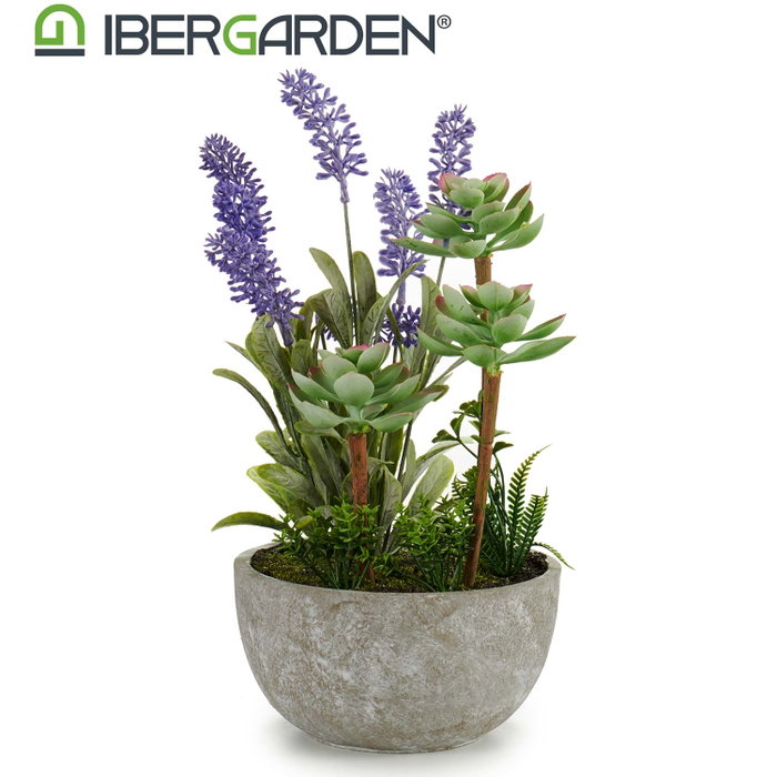 Ibergarden Plante Artificielle Lavande en Pot Ciment Gris Vert Violet 23x31x16 cm (Set de 8)