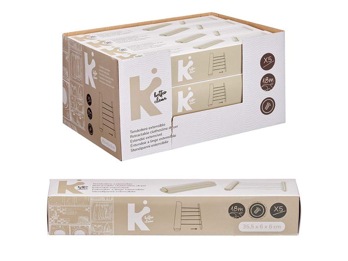 Arte Regal Tendedero extensible 18 mètres 5 cordes blanc plastique et nylon 34,5x6,5x6 cm ouvert 360 cm (Set de 12)