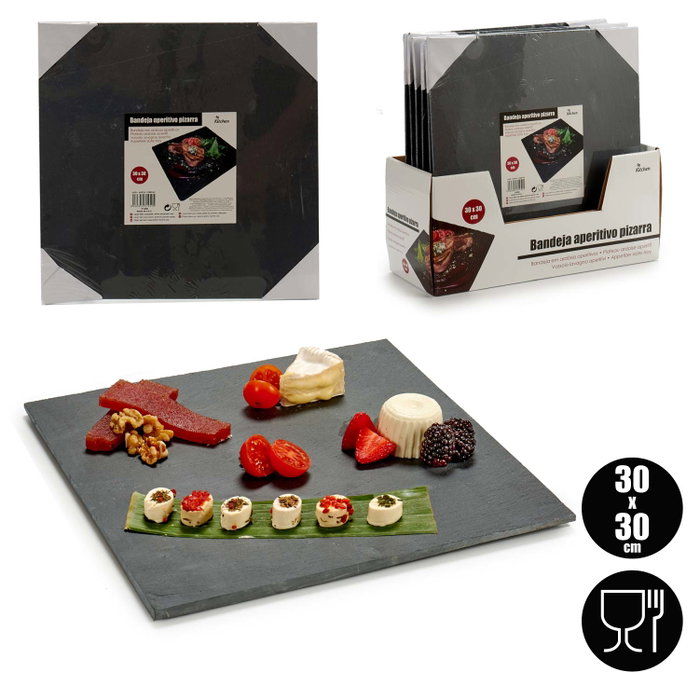 Kinvara Plateau Apéritif Carré 30x30 cm en Ardoise Noire (Set de 12)
