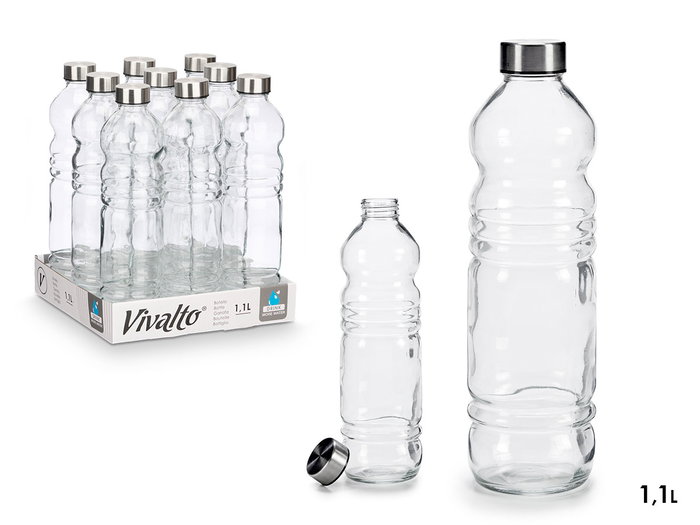 Vivalto Bouteille en verre 1100 ml avec bouchon métal, transparente, 8x31x8 cm (Set de 18) Vivalto Bouteille en verre 1100 ml avec bouchon métal, transparente, 8x31x8 cm (Set de 18)