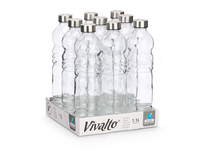 Vivalto Bouteille en verre 1100 ml avec bouchon métal, transparente, 8x31x8 cm (Set de 18) Vivalto Bouteille en verre 1100 ml avec bouchon métal, transparente, 8x31x8 cm (Set de 18)