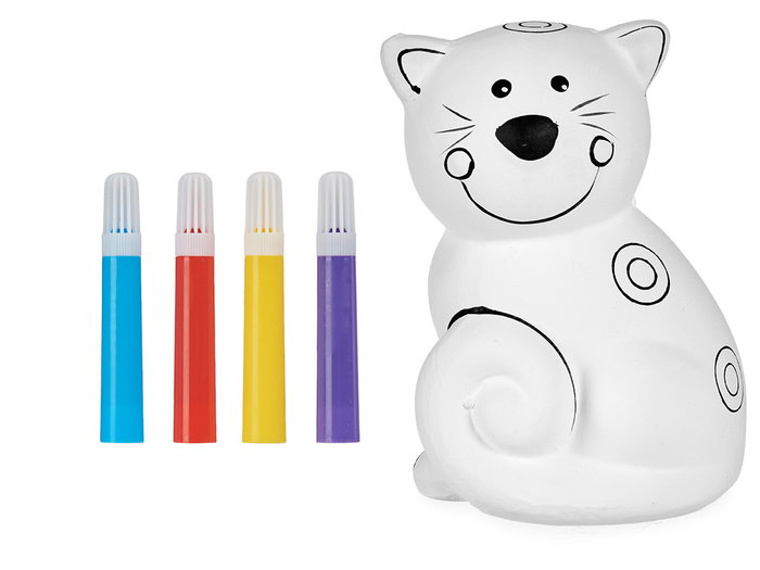 PINCELLO Hucha Gato en Céramique Blanche avec 4 Marqueurs