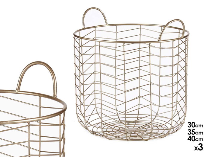 Giftdecor Lot de 3 Paniers Métalliques Ronds Dorés avec Poignées 40x42,5x40 cm Giftdecor Lot de 3 Paniers Métalliques Ronds Dorés avec Poignées 40x42,5x40 cm