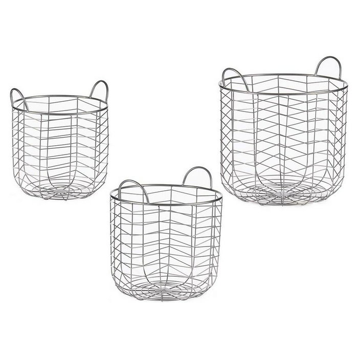 GIFTDECOR Set de 3 paniers métalliques ronds argentés avec anses GIFTDECOR Set de 3 paniers métalliques ronds argentés avec anses