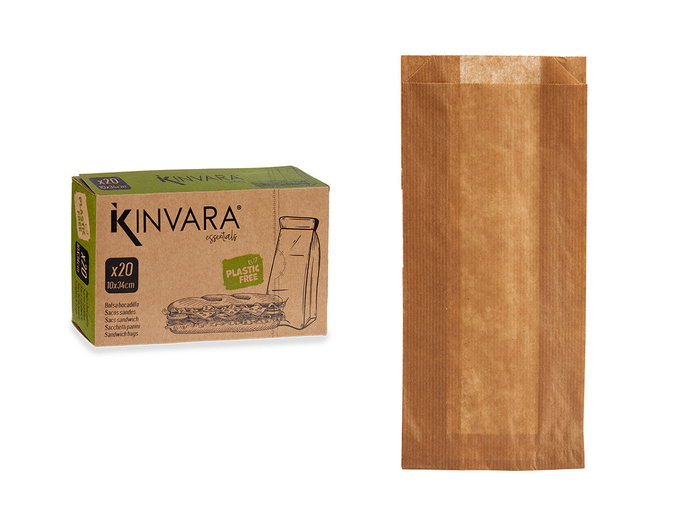 Kinvara Sac en Papier pour Baguette 20 pièces 10x34x5.5 cm Marron Cellulose avec Autocollants (Set de 28)