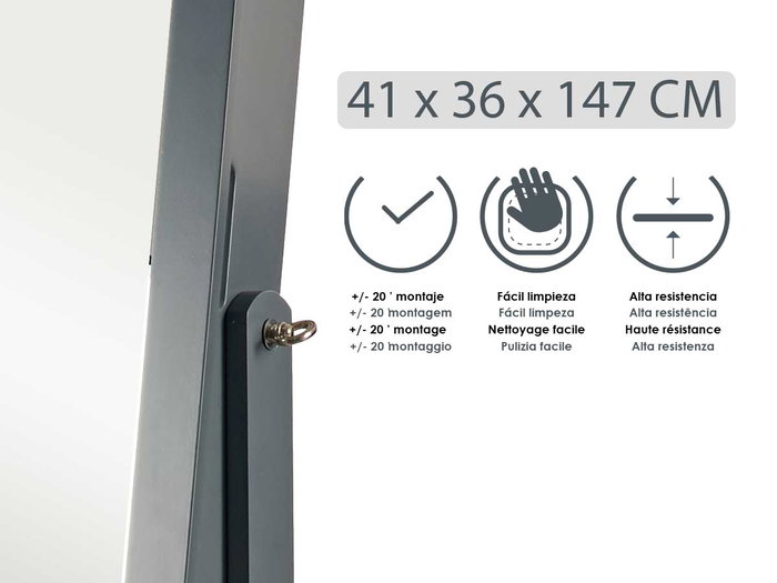 GIFTDECOR Miroir Coffret à bijoux sur pied gris 36x140x36 cm en MDF, verre et tissu