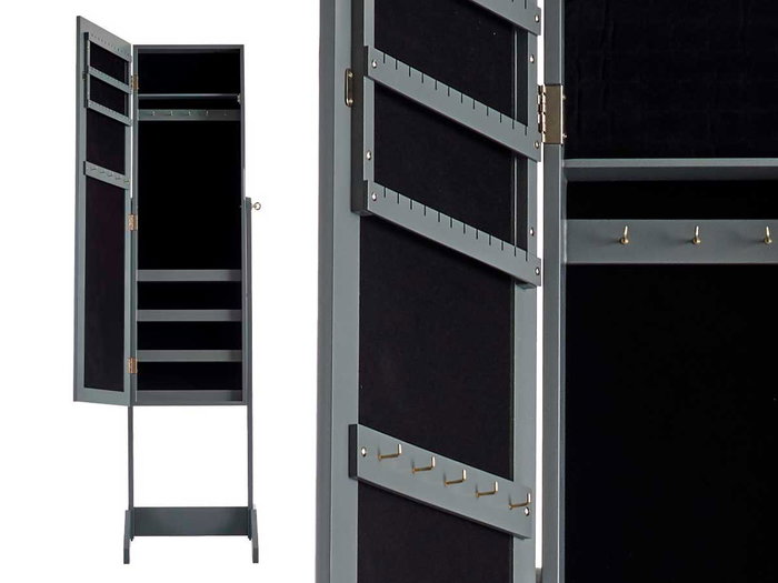 GIFTDECOR Miroir Coffret à bijoux sur pied gris 36x140x36 cm en MDF, verre et tissu
