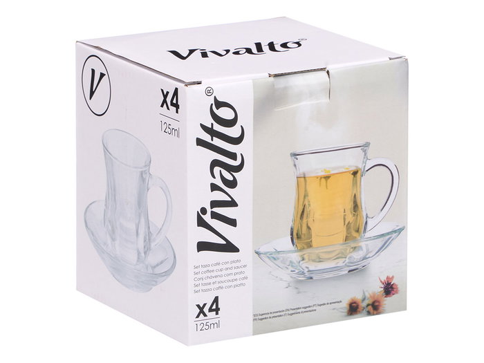 Vivalto Lot de 4 tasses en verre avec soucoupe 125 ml, 14x15x13 cm (Set de 12)