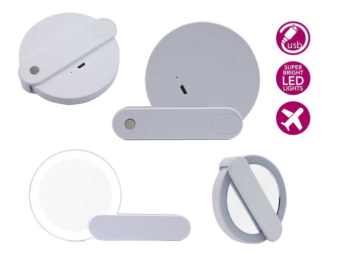 Berilo Miroir de Voyage ABS avec LED et Connecteur USB 9x2x10 cm Blanc (Set de 24)