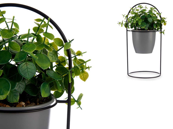 Ibergarden Plante Feuille Ronde Base Métal Gris Plastique Vert Noir 21x30x21 cm (Set de 8)