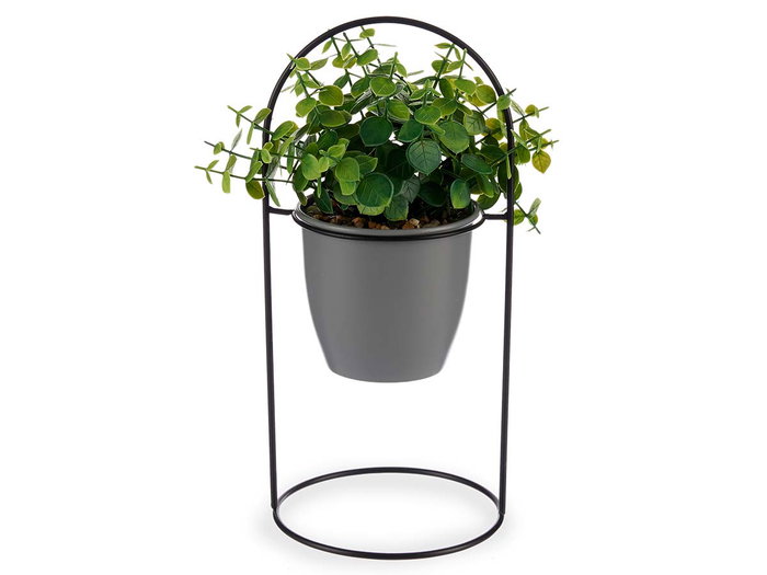 Ibergarden Plante Feuille Ronde Base Métal Gris Plastique Vert Noir 21x30x21 cm (Set de 8)
