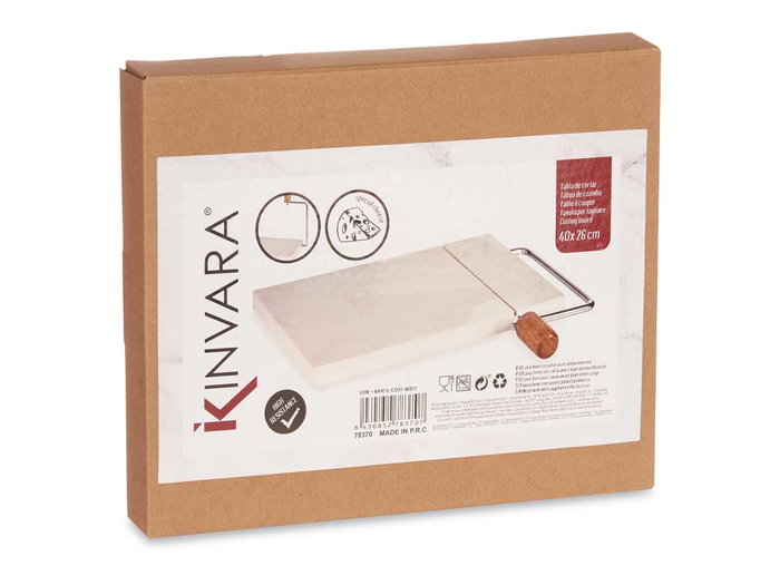 Kinvara Planche à découper fromage marbre blanc 21x2,5x24 cm avec support bois et métal (Set de 8)