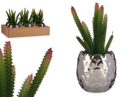 IBERGARDEN Cactus Artificiel en Pot Céramique Argent 10 x 20 x 10 cm (Set de 12)