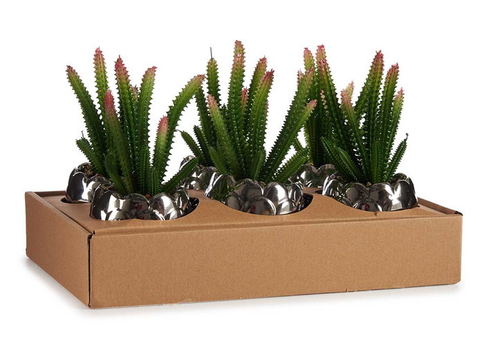 IBERGARDEN Cactus Artificiel en Pot Céramique Argent 10 x 20 x 10 cm (Set de 12)