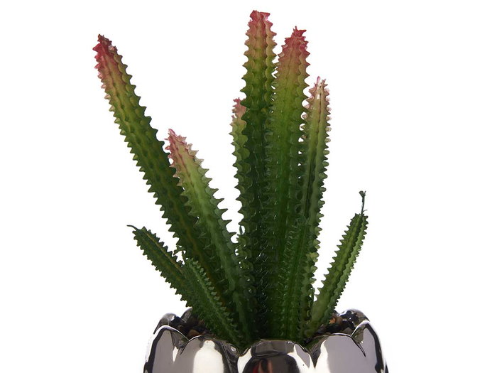 IBERGARDEN Cactus Artificiel en Pot Céramique Argent 10 x 20 x 10 cm (Set de 12)