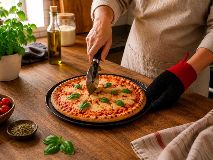 Kinvara Set Pizza Moule, Manique et Coupe-Pizza 33x2x33 cm Acier Néoprène PP Noir (Set de 12)