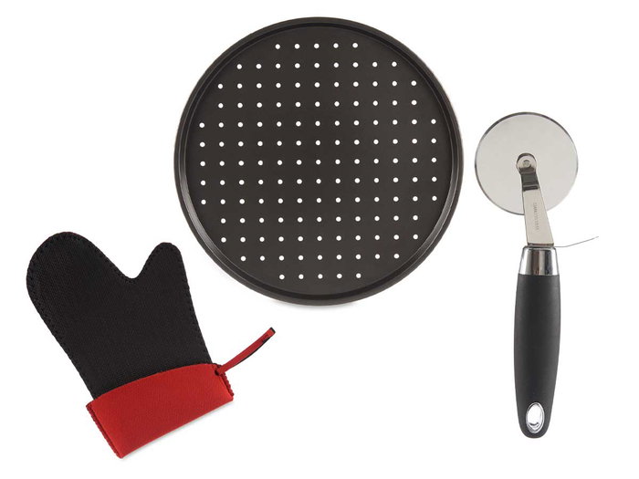 Kinvara Set Pizza Moule, Manique et Coupe-Pizza 33x2x33 cm Acier Néoprène PP Noir (Set de 12)