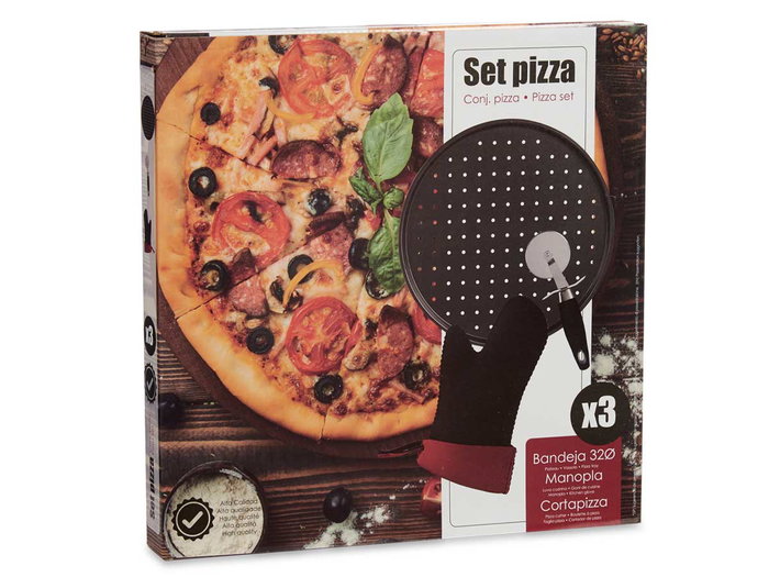 Kinvara Set Pizza Moule, Manique et Coupe-Pizza 33x2x33 cm Acier Néoprène PP Noir (Set de 12)