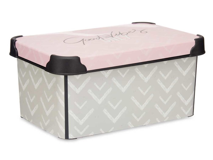 Kipit Boîte de Rangement en Plastique 5 L avec Couvercle, 29.5x19x13.5 cm, Gris et Rose, Motif Vibes (Set de 12)