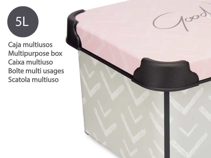 Kipit Boîte de Rangement en Plastique 5 L avec Couvercle, 29.5x19x13.5 cm, Gris et Rose, Motif Vibes (Set de 12)