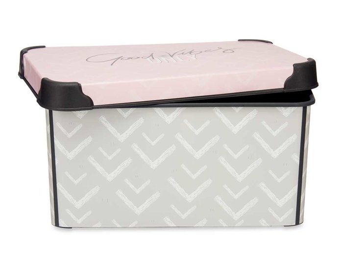 Kipit Boîte de Rangement en Plastique 5 L avec Couvercle, 29.5x19x13.5 cm, Gris et Rose, Motif Vibes (Set de 12)