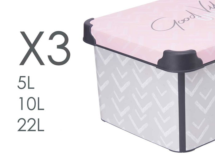 Kipit Set de 3 boîtes de rangement en plastique motif Vibes 39x29x23,5 cm | Grande + Mediane + Petite Kipit Set de 3 boîtes de rangement en plastique motif Vibes 39x29x23,5 cm | Grande + Mediane + Petite