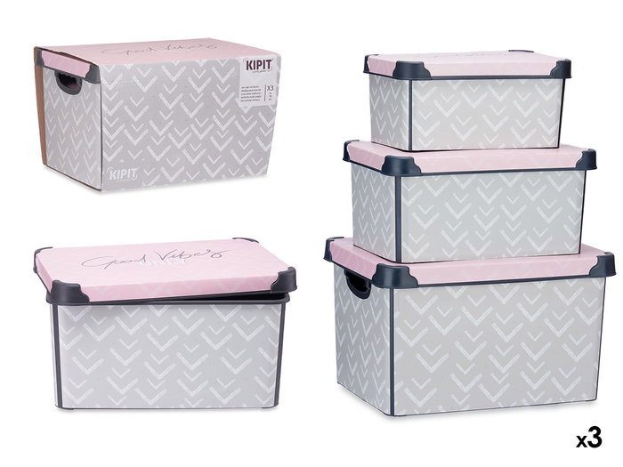 Kipit Set de 3 boîtes de rangement en plastique motif Vibes 39x29x23,5 cm | Grande + Mediane + Petite Kipit Set de 3 boîtes de rangement en plastique motif Vibes 39x29x23,5 cm | Grande + Mediane + Petite