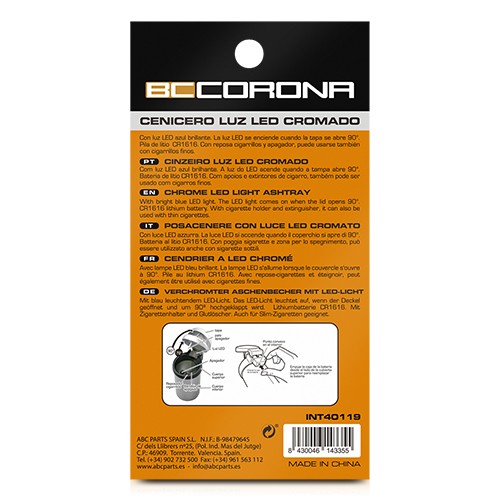 INT40119 Cendrier chromé avec éclairage LED, fonctionne sur piles, pour intérieur et extérieur, accessoire moderne pour fumeurs