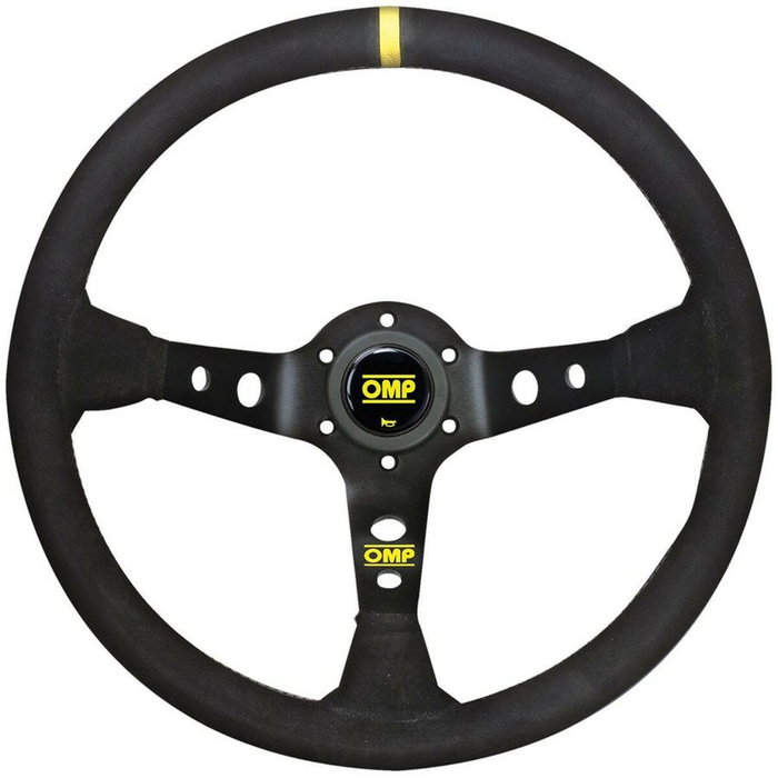 OMP Volant CORSICA en suédine 350mm bras noirs - détail jaune OMP Volant CORSICA en suédine 350mm bras noirs - détail jaune
