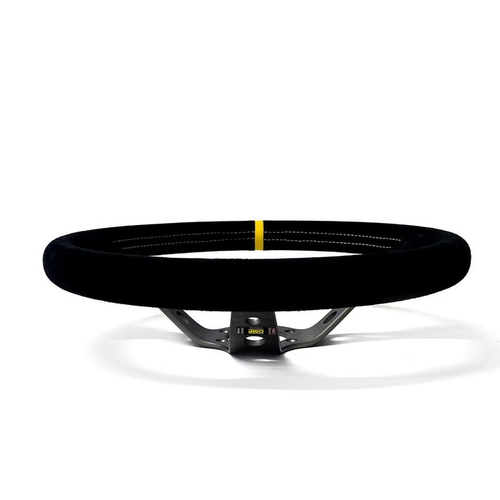 OMP Volant CORSICA en suédine 350mm bras noirs - détail jaune OMP Volant CORSICA en suédine 350mm bras noirs - détail jaune