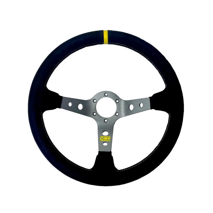 OMP Volant CORSICA en suédine 350mm bras noirs - détail jaune OMP Volant CORSICA en suédine 350mm bras noirs - détail jaune