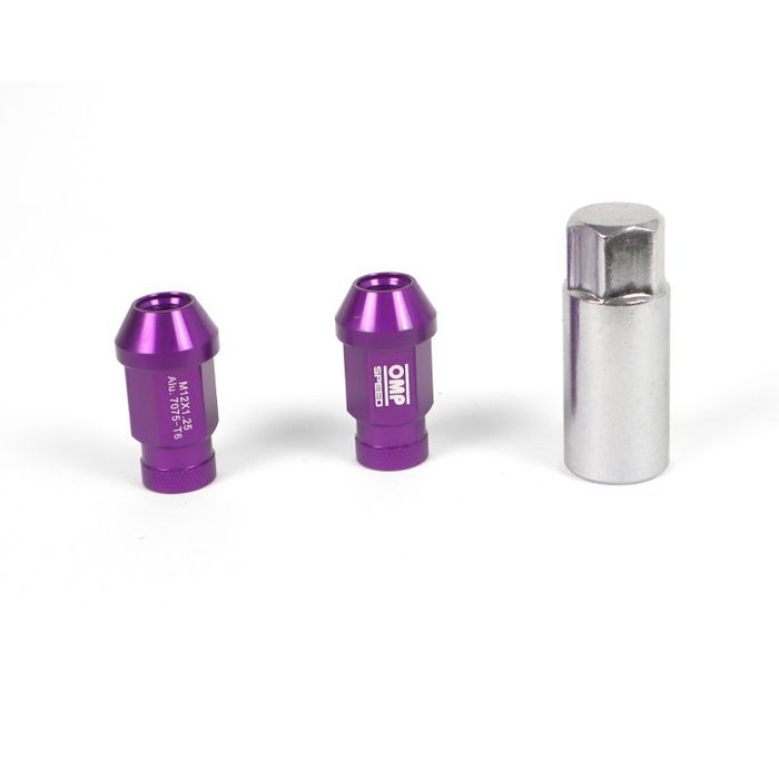 Omp OMPS09941411 Jeu de 20 écrous en aluminium M14x1.25, clé de 19, longueur 40 mm, violet