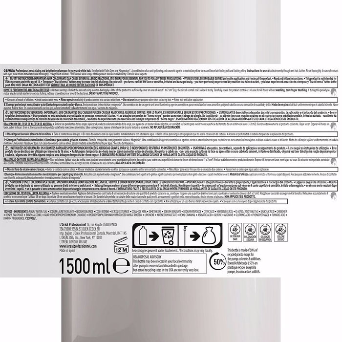 L'Oréal Professionnel Paris Shampoing Argent Cheveux Gris et Blancs Sans Reflets Jaunes - 1500 ml