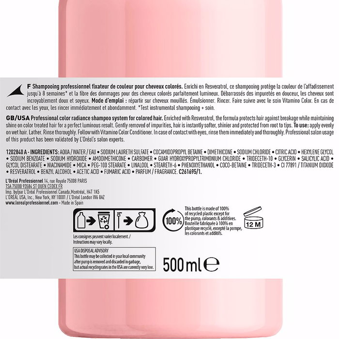 L'Oréal Professionnel Paris Shampoing Vitamino Color pour Cheveux Colorés - Protection des Nuances et Brillance Intense - 500 ml