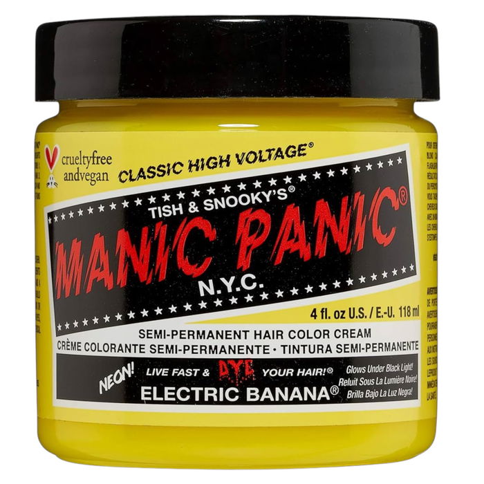 Manic Panic - Classic High Voltage Electric Banana, Teinture capillaire semi-permanente pour cheveux unisexe, couleur jaune vif, flacon de 118 ml Manic Panic - Classic High Voltage Electric Banana, Teinture capillaire semi-permanente pour cheveux unisexe, couleur jaune vif, flacon de 118 ml