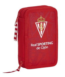 Safta Plumier Real Sporting 28 Pcs - Plumier double poche pour enfants en polyester 600D - Dimensions 12.5x19.5x4 cm - Rouge