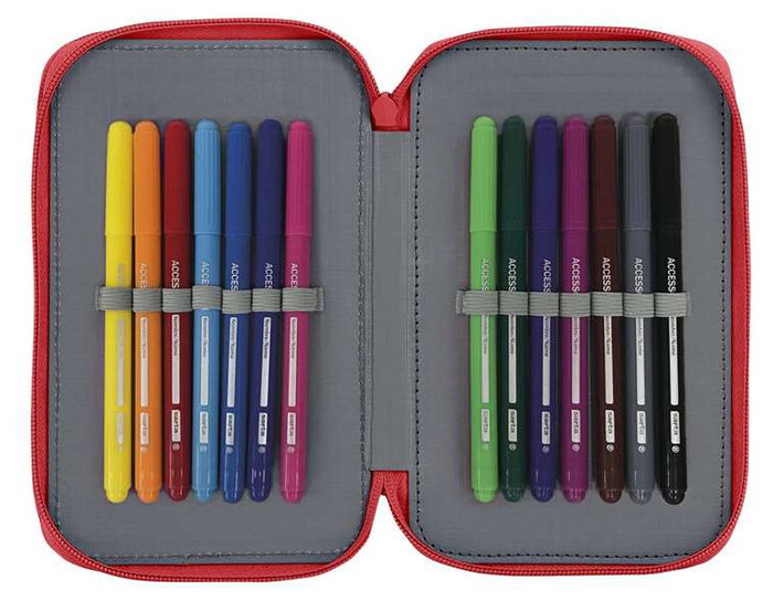 Safta Plumier Real Sporting 28 Pcs - Plumier double poche pour enfants en polyester 600D - Dimensions 12.5x19.5x4 cm - Rouge