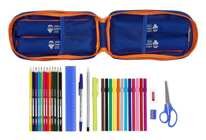 Safta - Plumier Sac à Dos avec 4 Portes Remplies Valencia Basket 12x23x5cm - Polyester 600D - Bleu et Orange