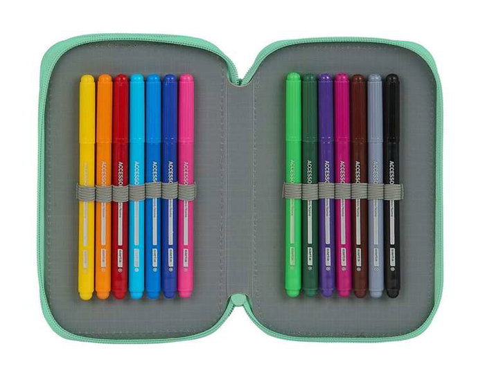 Safta Plumier double compartiment 28 pièces, Turquoise, Polyester 600D, pour 3 ans