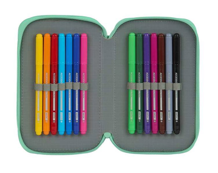 Safta Plumier double compartiment 28 pièces, Turquoise, Polyester 600D, pour 3 ans