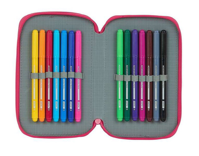 Safta Plumier double compartiment 28 pièces - Étui à crayons enfant, polyester 600D, rose