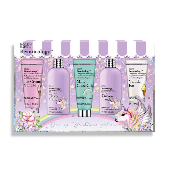 Baylis & Harding Beauticology Coffret Cadeau 5 Pièces Collection Unicorn - Gel Douche, Lait pour le Corps, Bougie Parfumée, Savon Mousse