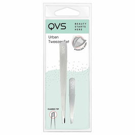 QVS Pince à épiler automatique à pointe diagonale + Mini-pince incluse - Pour sourcils et poils fins - Précision et prise ferme - 100% acier inoxidable