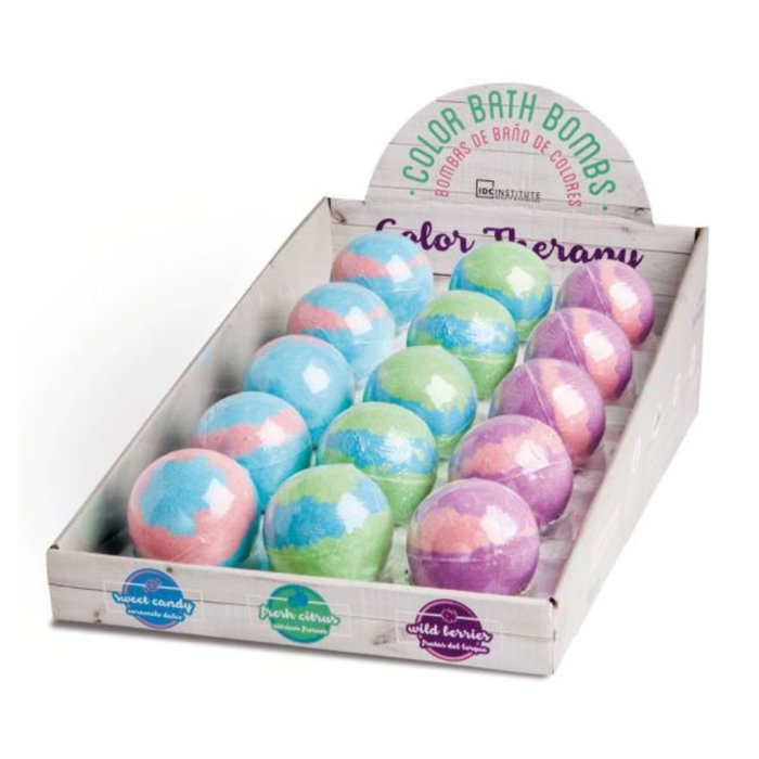Idc Institute - Bombe de bain multicolore pour bain effervescente et relaxante - 140 g - Aromas de caramelo, citron et fruits des bois Idc Institute - Bombe de bain multicolore pour bain effervescente et relaxante - 140 g - Aromas de caramelo, citron et fruits des bois