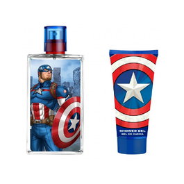 Air-Val Set Captain America Eau de Toilette 100ml et Gel Douche 60ml avec Etui à Fermeture Éclair - Parfum et Gel de Bain Superhéros Marvel