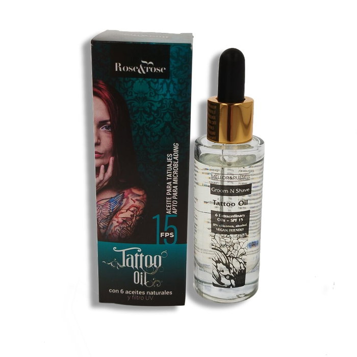 Rose&Rose - Huile pour tatouages SPF15, 30 mL - Enrichie avec 6 huiles naturelles, protection UV, compatible microblading Rose&Rose - Huile pour tatouages SPF15, 30 mL - Enrichie avec 6 huiles naturelles, protection UV, compatible microblading