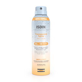 Isdin Fotoprotector Wet Skin Spray Transparent SPF 30, protection cellulaire au gingembre, résistant à l'eau pour peau sèche ou mouillée
