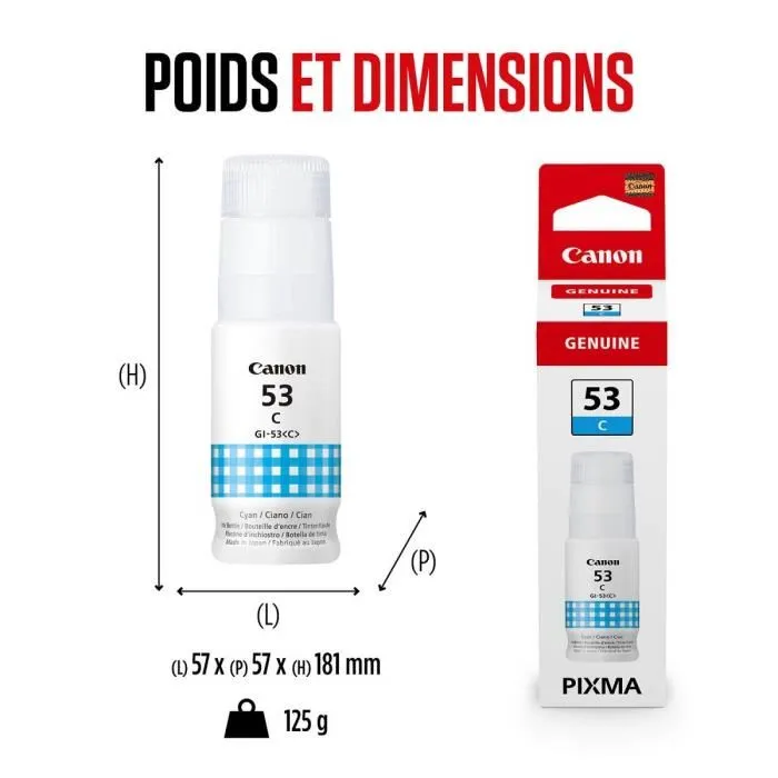 Canon GI-53C Cartouche d'encre Cyan 60 ml - Compatible PIXMA G650, G550 - Bouteille de rechange pour impressions photo et documents Canon GI-53C Cartouche d'encre Cyan 60 ml - Compatible PIXMA G650, G550 - Bouteille de rechange pour impressions photo et documents