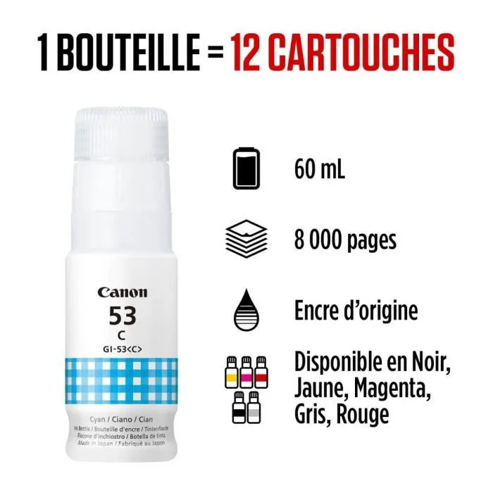 Canon GI-53C Cartouche d'encre Cyan 60 ml - Compatible PIXMA G650, G550 - Bouteille de rechange pour impressions photo et documents Canon GI-53C Cartouche d'encre Cyan 60 ml - Compatible PIXMA G650, G550 - Bouteille de rechange pour impressions photo et documents
