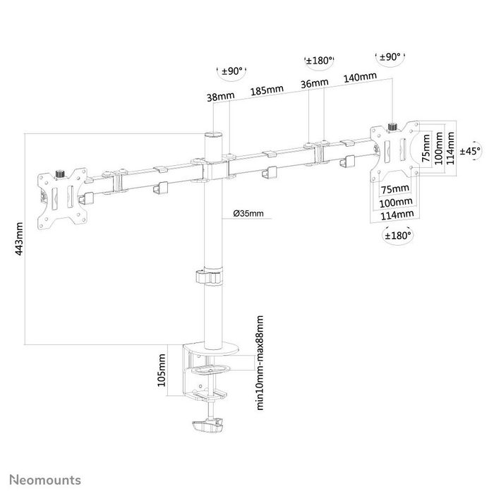 Neomounts Support de Bureau Double FPMA-D550DBLACK - Support Inclinable, Pivotant et Rotatif pour 2 Écrans jusqu'à 32" (VESA 75x75/100x100 mm)